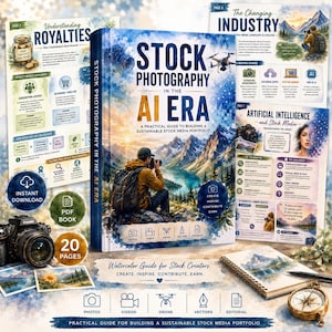 Puede incluir: Un libro titulado Stock Photography in the AI Era con una portada que muestra a un fotógrafo frente a montañas. El set incluye páginas informativas sobre regalías, cambios en la industria e IA, además de una cámara y una brújula.