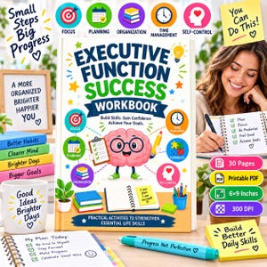 Könnte beinhalten: Das Executive Function Success Workbook zeigt eine zentrale Illustration eines Cartoon-Gehirns mit Brille, das ein Klemmbrett hält. Das Cover enthält Text, bunte Symbole für Fokus, Planung, Organisation, Zeitmanagement und Selbstkontrolle sowie den Untertitel Practical Activities to Strengthen Essential Life Skills.
