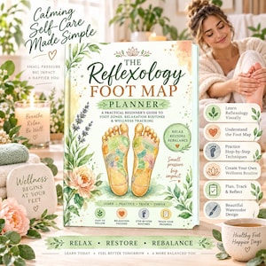 Op de afbeelding: Een hardcover boek getiteld The Reflexology Foot Map Planner met een aquarelillustratie van voeten die reflexologiezones toont. De kaft bevat groene bladeren, een perzikkleurige bloem en tekst waaronder Calming Self-Care Made Simple.