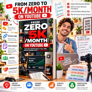 Op de afbeelding: Een boek getiteld From Zero to 5K/Month on YouTube met een gids voor het opbouwen van een creator-bedrijf. De cover toont een laptop met groeianalyses, een microfoon, een camera en een notitieblok. Omringende tekst beschrijft strategieën voor inkomsten.