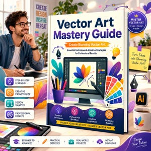 May include: A book titled Vector Art Mastery Guide with a cover featuring a computer monitor displaying a colourful leaf graphic, a cup of pencils, and a colour palette. The cover includes text such as Essential Techniques and Creative Strategies.
