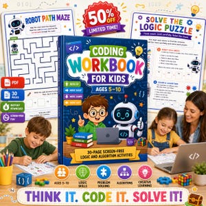 Werkboek voor kinderen over programmeerlogica: robotdoolhoven, patronen, debuggen en binaire activiteiten, 30 pagina's (pdf)