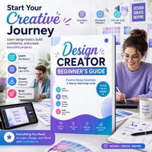 May include: A white and blue instructional book titled Design Creator Beginner's Guide, featuring a step-by-step design guide, creative design essentials, and icons for learning basics, designing like a pro, creating projects, and building a brand.