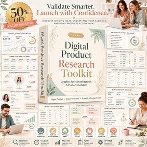 Może przedstawiać: Segregator z zestawem narzędzi do badania produktów cyfrowych z białą okładką, ilustracjami botanicznymi i napisem Digital Product Research Toolkit. Obraz przedstawia różne arkusze planowania biznesowego, pulpity nawigacyjne badań rynku i listy kontrolne.