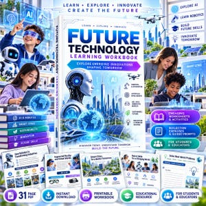 Puede incluir: Un libro de ejercicios Future Technology Learning Workbook con portada blanca que muestra una cabeza robótica, un globo terráqueo brillante y una ciudad futurista. Incluye secciones sobre IA, robótica y ciudades inteligentes con hojas de trabajo.