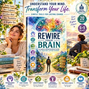 Op de afbeelding: Een digitaal e-book genaamd Rewire Your Brain, een gids van 15x23 cm met een kleurrijke hersenillustratie, een persoon op een pad naar bergen, en tekst waaronder Identity, Habits, Growth, Confidence, Success en Mindset.