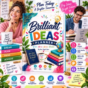 May include: A Brilliant Ideas Planner book cover featuring a lightbulb icon, a globe, and colorful text. The cover displays the title Brilliant Ideas Planner, with subtext including Ideate, Plan, Focus, and Achieve, surrounded by floral accents.