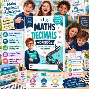 May include: A Maths Decimals Workbook with a teal and white cover featuring a race car graphic, the title Maths Decimals Workbook, and various decimal numbers. The cover includes text such as Master Decimals With Confidence and Practice Understand Succeed.