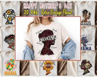 Retro Floral PNG Bundle, Vintage Mother’s Day Clipart, Sublimation Graphics (Digital Download)