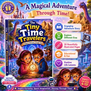 May include: A book titled The Tiny Time Travelers featuring a colorful cover with two children holding a glowing clock, surrounded by illustrations of dinosaurs, castles, pyramids, and a robot. The text includes A Magical Adventure Through Time.