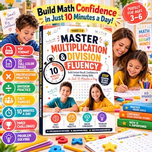 Puede incluir: Un libro de ejercicios de matemáticas titulado Master Multiplication & Division Fluency con una portada que muestra un cronómetro, una tabla de multiplicar y niños estudiando. El libro destaca el desarrollo de la confianza matemática en 10 minutos al día.
