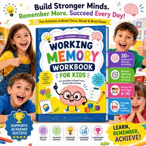 May include: A blue Working Memory Workbook for Kids featuring a cartoon brain character with glasses, a lightbulb icon, and text including Build Stronger Minds, Remember More, Succeed Every Day, and 30+ Interactive Memory Activities.