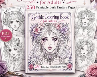 Gothic Coloring Book for Adults, 250 Printable Dark Fantasy Pages, PDF Download