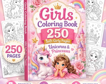 250 Bold Easy Coloring Pages for Girls, Unicorns, Princesses, Toddler Activity Book (Digital Download)