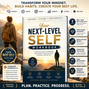 May include: A workbook titled Your Next-Level Self Workbook with a cover featuring a mountain landscape and a person standing on a peak. The text includes Transform Your Mindset, Build Habits, Create Your Best Life, and Plan, Practice, Progress.