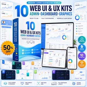 May include: A digital product bundle featuring 10 web UI and UX kits for admin dashboards. The display includes a box, a laptop, a tablet, and a smartphone showing various data charts, graphs, and interface screens with blue and white color schemes.