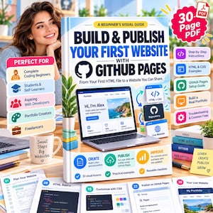 May include: A book titled Build & Publish Your First Website with GitHub Pages, featuring a visual guide for beginners. The cover displays a laptop showing a portfolio website, along with icons for HTML, CSS, and GitHub. Includes 30-page PDF.