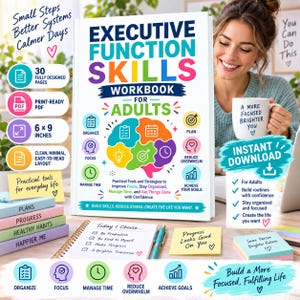 Könnte beinhalten: Ein Arbeitsbuch mit dem Titel Executive Function Skills Workbook for Adults mit einer bunten Gehirngrafik, Symbolen für Organisation, Fokus und Zeitmanagement sowie Texten wie Small Steps Better Systems Calmer Days und 15x23 cm.