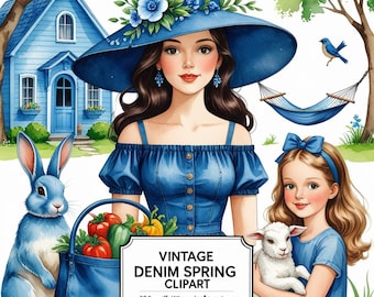 Vintage Denim Spring Clipart Bundle: Watercolor Floral PNG Graphics (Commercial Use)