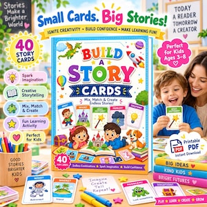 Op de afbeelding: Een Build a Story Cards set met een kleurrijke doos met illustraties van een draak, raket en kinderen. De doos toont de tekst Build a Story Cards, 40 Story Cards en Mix, Match & Create Endless Stories. Bevat diverse geïllustreerde kaarten met thema's zoals Who, Where en Problem.
