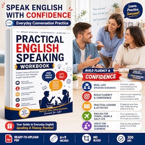 May include: A Practical English Speaking Workbook with a white cover featuring blue and red text, illustrations of two people conversing, and speech bubbles. The book cover includes the title, subtitle, and various icons representing lessons.