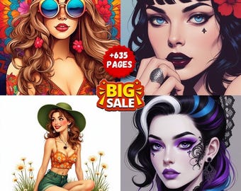 635+ Gothic, Pinup, Boho Girls Coloring Pages Bundle (Digital Download)