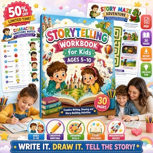 May include: A storytelling workbook for kids ages 5-10 featuring a colorful cover with illustrations of children, a castle, a rocket, and a unicorn. The workbook includes 30 pages of creative writing, drawing, and story-building activities.