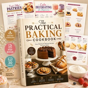 Puede incluir: The Practical Baking Cookbook es una guía digital que muestra un pastel de chocolate en la portada, rodeado de imágenes de pasteles, galletas y pan. Las páginas incluyen instrucciones paso a paso, listas de ingredientes y consejos.