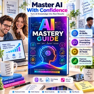 May include: A book titled AI Mastery Guide with a colourful digital brain graphic on the cover. The book is surrounded by a laptop, a white mug with text, stacked books, a pen, a notepad, and a yellow sticky note, all on a desk surface.