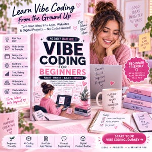 May include: A book titled Vibe Coding for Beginners with a pink cover featuring an illustration of a person using a laptop. The book includes text about planning, guiding, building, and improving digital projects, alongside a mug and notebook.