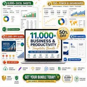 May include: A digital business and productivity template bundle displayed on a laptop screen, featuring 11,000+ files including Excel sheets, Power BI dashboards, PowerPoint slides, and Word documents with various charts, graphs, and text layouts.