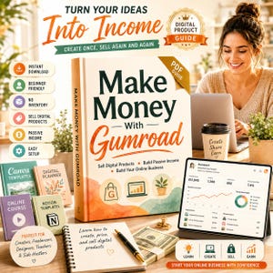 May include: A book titled Make Money With Gumroad with a white cover featuring orange and green watercolor accents. The book is surrounded by a tablet displaying a dashboard, a notebook with a pen, stacks of cash, and small informational cards.
