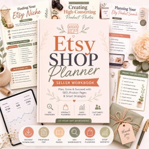Könnte beinhalten: Ein hellrosa Etsy Shop Planner Verkäufer-Arbeitsbuch mit dunklem Text, das Abschnitte für SEO-Strategien, Produktplanung, Shop-Wachstum sowie Kunden und Verkäufe enthält, inklusive eines Shop-Symbols und Blätter-Illustrationen auf dem Cover.