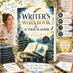May include: A hardcover book titled Writer's Workbook & Author Planner with a blue and gold cover featuring an open book, a fountain pen, an inkwell, and a compass. The cover displays a mountain landscape and text including Plan, Write, Edit, Publish.
