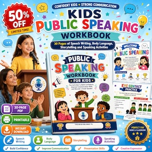 Puede incluir: Un libro de ejercicios de oratoria para niños con una portada colorida que muestra ilustraciones de niños en un podio, globos de texto y un megáfono. Incluye 30 páginas de actividades sobre redacción de discursos y lenguaje corporal.