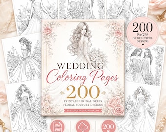 Wedding Coloring Pages, 200 Printable Bridal Dress Floral Bouquet Designs, PDF Digital Download