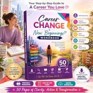 Pode incluir: Um caderno de exercícios intitulado Career Change & New Beginnings com uma capa mostrando uma pessoa caminhando em um caminho em direção a uma cidade. O livro inclui 50 páginas, guias passo a passo e seções para autodescoberta e metas.