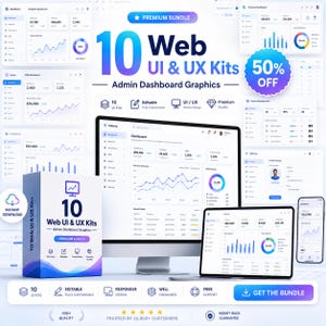 May include: A digital product bundle featuring 10 web UI and UX kits for admin dashboards. The display includes a desktop monitor, a laptop, and a smartphone showing various data analytics, charts, and graphs, alongside a branded product box.