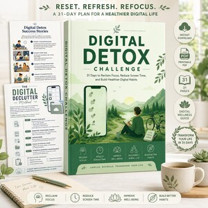 Puede incluir: Un libro Digital Detox Challenge con una cubierta de color verde claro que muestra un paisaje montañoso, una persona con una bicicleta y un smartphone. La cubierta incluye el texto 'Digital Detox Challenge' y '31 Days to Reclaim Focus'.