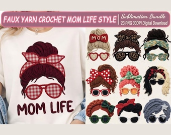 Faux Crochet Mom Life PNG Bundle, Yarn Style Sublimation Designs (Digital Download)