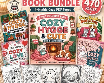 Adult Coloring Book Bundle, 470 Printable Cozy PDF Pages, Cute Hygge Bold Easy Designs (PDF Download)