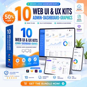 May include: A digital product bundle featuring a box labeled 10 Web UI & UX Kits Admin-Dashboard-Graphics, displayed alongside a computer monitor, tablet, and smartphone showing dashboard interfaces with charts, graphs, and data analytics.