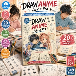 Könnte beinhalten: Ein Manga-Zeichenarbeitsbuch für Anfänger mit dem Titel Draw Anime Like a Pro, das Illustrationen von Anime-Figuren, Anleitungen zur Gesichtskonstruktion und Übungsblätter für Augen enthält. 20 druckbare Lektionen im Format 6x9 Zoll.