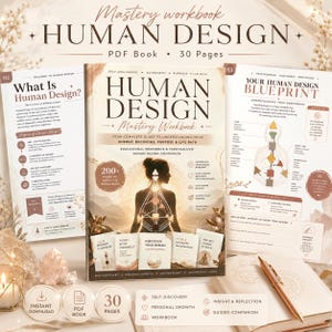 Puede incluir: Un libro de trabajo de maestría en Diseño Humano en PDF de 30 páginas, con una portada central que muestra una silueta y un gráfico corporal, flanqueada por dos páginas informativas. El texto incluye "Human Design", "Mastery Workbook" y "Your Human Design Blueprint".