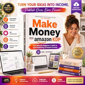 May include: A digital product guide titled Make Money With Amazon KDP, featuring a 20-page PDF, a laptop displaying a royalty dashboard, a mug, and a stack of four books labeled Gratitude Journal, Budget Planner, Reading Log, and Kids Activity Book.