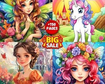 Princess, Unicorn, Mermaid & Fairy Coloring Pages: 750-Page Mega Bundle (PDF Download)