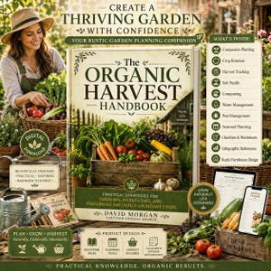 Peut inclure: Le manuel The Organic Harvest Handbook est un guide de jardinage avec une couverture crème, du texte vert foncé, une illustration d'une caisse en bois remplie de légumes frais et une liste de contenus incluant la culture associée et la rotation.