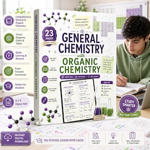 Pode incluir: Um guia de estudo de 23 páginas de química geral e orgânica com diagramas de estruturas moleculares, uma tabela periódica e ícones educativos. A capa exibe o título em texto roxo e verde, com fórmulas químicas e ilustrações de vidraria de laboratório.