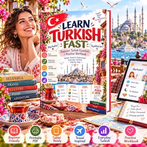 May include: A Learn Turkish Fast beginner essentials and practice workbook book cover featuring a Turkish flag, a mosque, and a tea glass. The cover includes text such as Merhaba, Teşekkürler, and Small Steps Big Conversations, alongside icons for conversations, exercises, and travel.