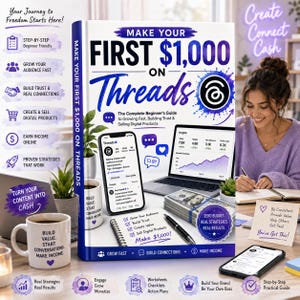 May include: A book titled Make Your First $1,000 on Threads featuring a blue and white cover with text, a smartphone displaying a social media profile, a laptop showing analytics, a stack of cash, a notebook, and a pen on a desk surface.